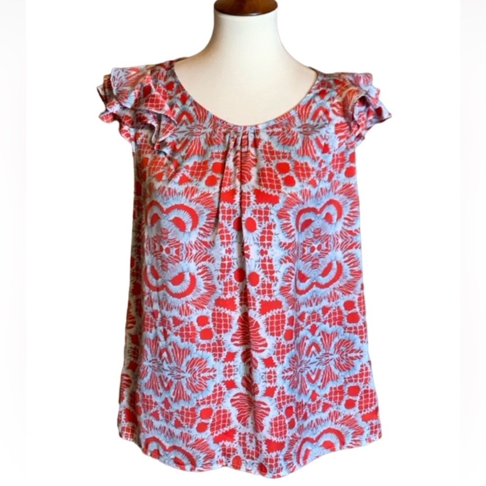 Cynthia Rowley print blouse with cap ruffle sleeves Size Large